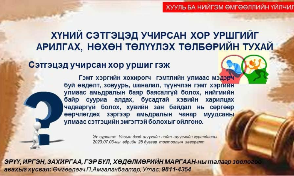 ХҮНИЙ СЭТГЭЦЭД УЧИРСАН ХОР УРШГИЙГ АРИЛГАХ, НӨХӨН ТӨЛҮҮЛЭХ...